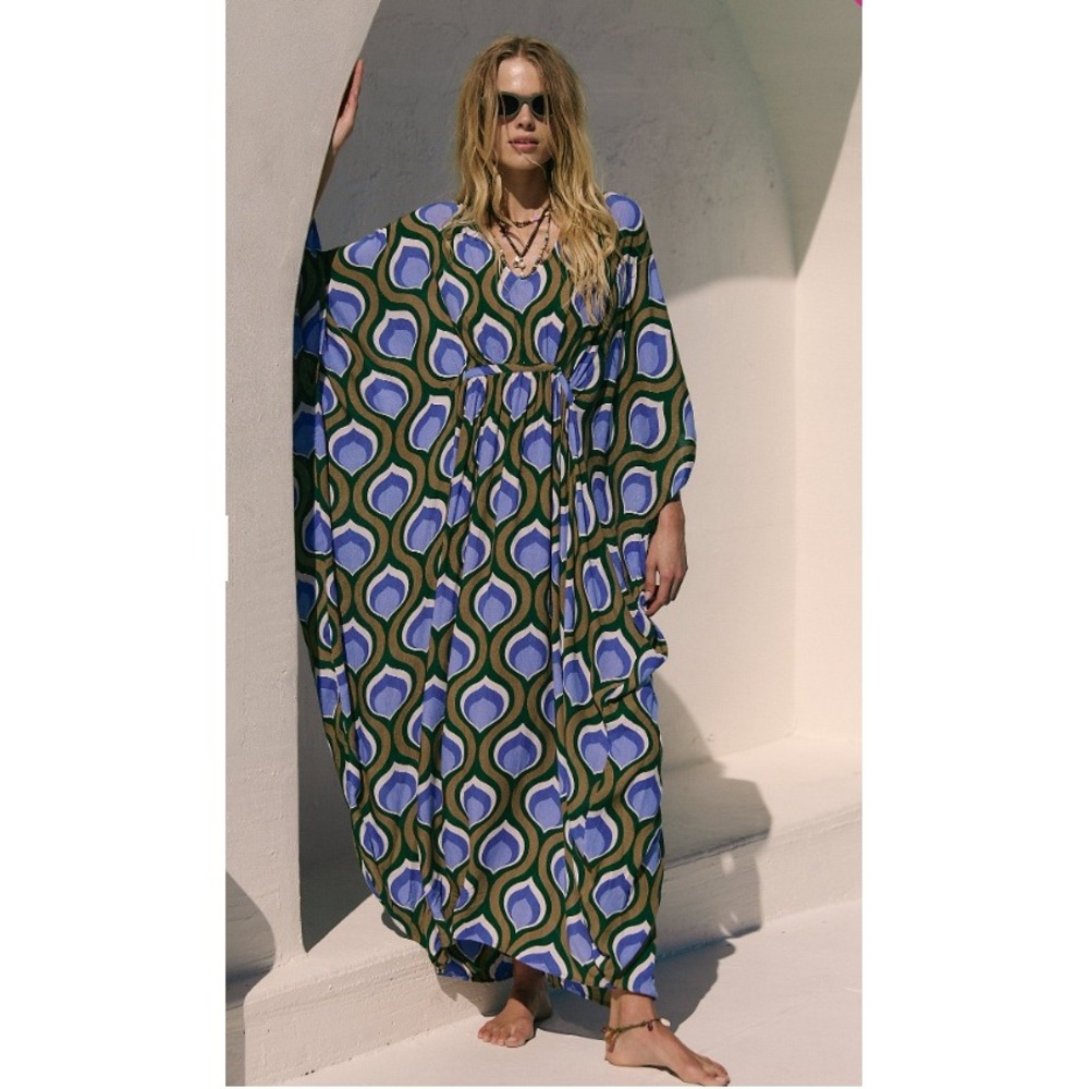 Free People One Size Groovy Baby Maxi Kaftan Olive Green Retro Flowy Oversized